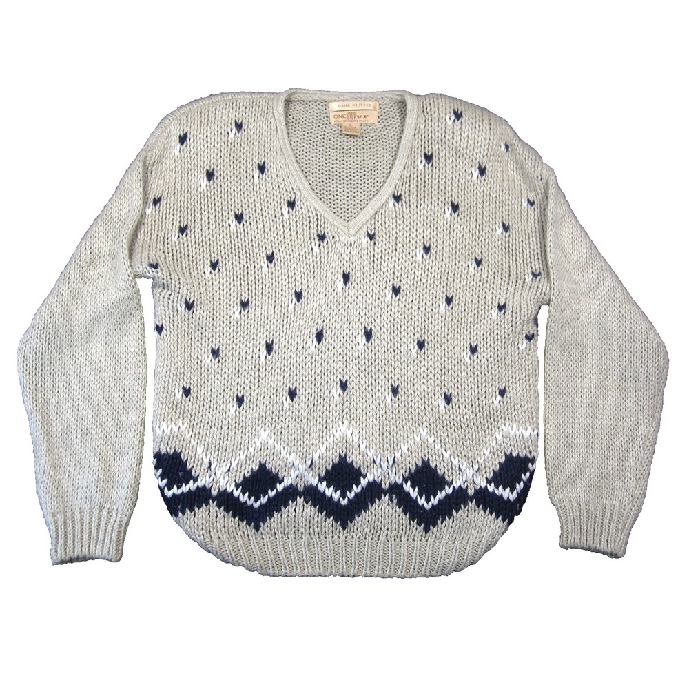 Vtg One Step Up Hand Knitted Birds Eye Sweater Women L Beige Pullover 80s Grunge